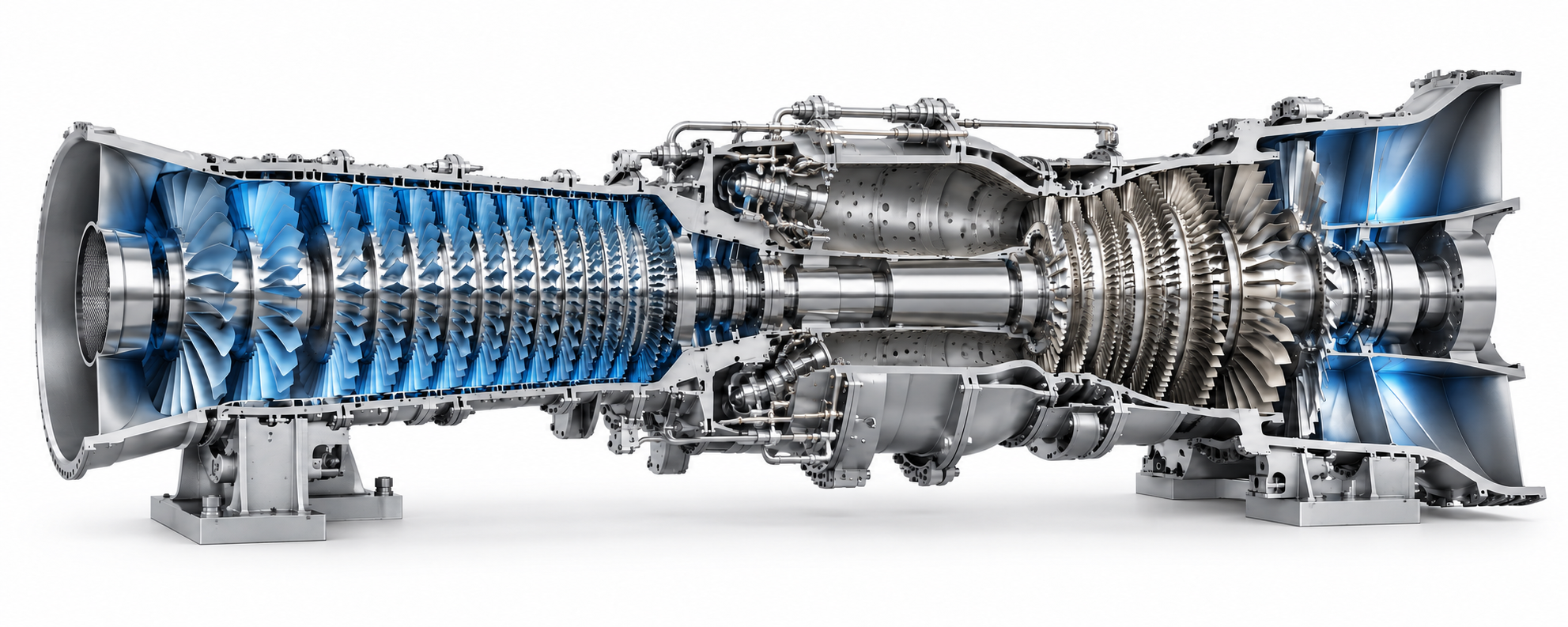 Illustrative stationary gas turbine cutaway, with no combustion effects