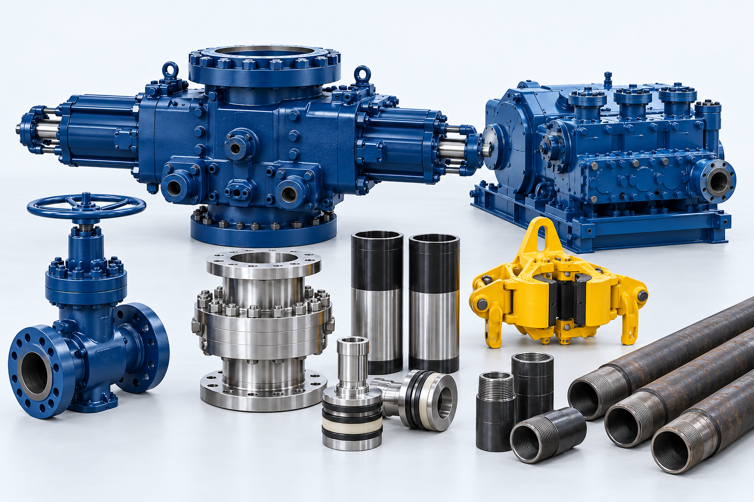 Illustrative Oil and Gas equipment assortment: BOP, mud pump, gate valve, wellhead spool, handling tools and drilling components