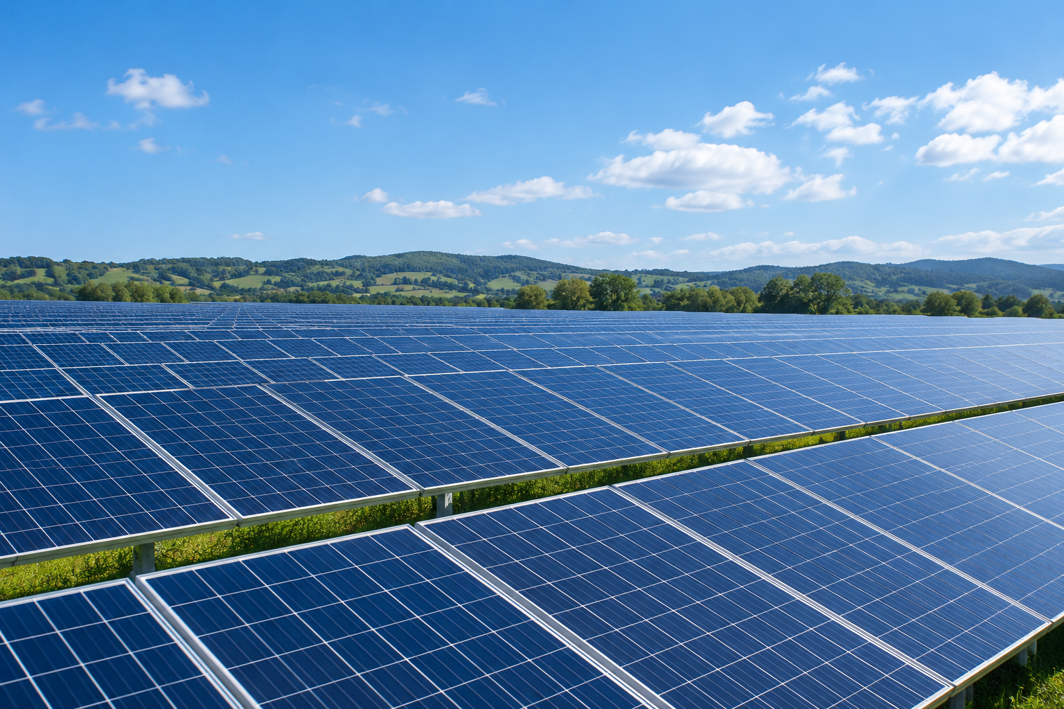 Blue photovoltaic panels at a solar farm